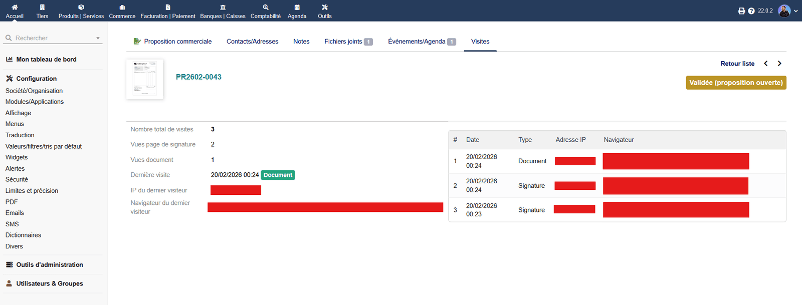 Capture d’écran de l’onglet Visites du module PropStats dans Dolibarr